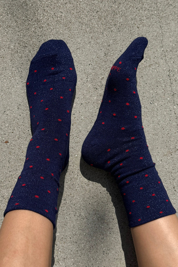 Le Bon Shoppe Lurex Patterned Ink Blue & Red Polka Dot Sneaker Socks - The Mercantile London