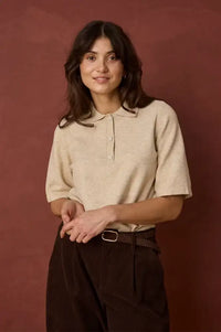 Fransa Suzette Oatmeal Melange Knitted Polo Top