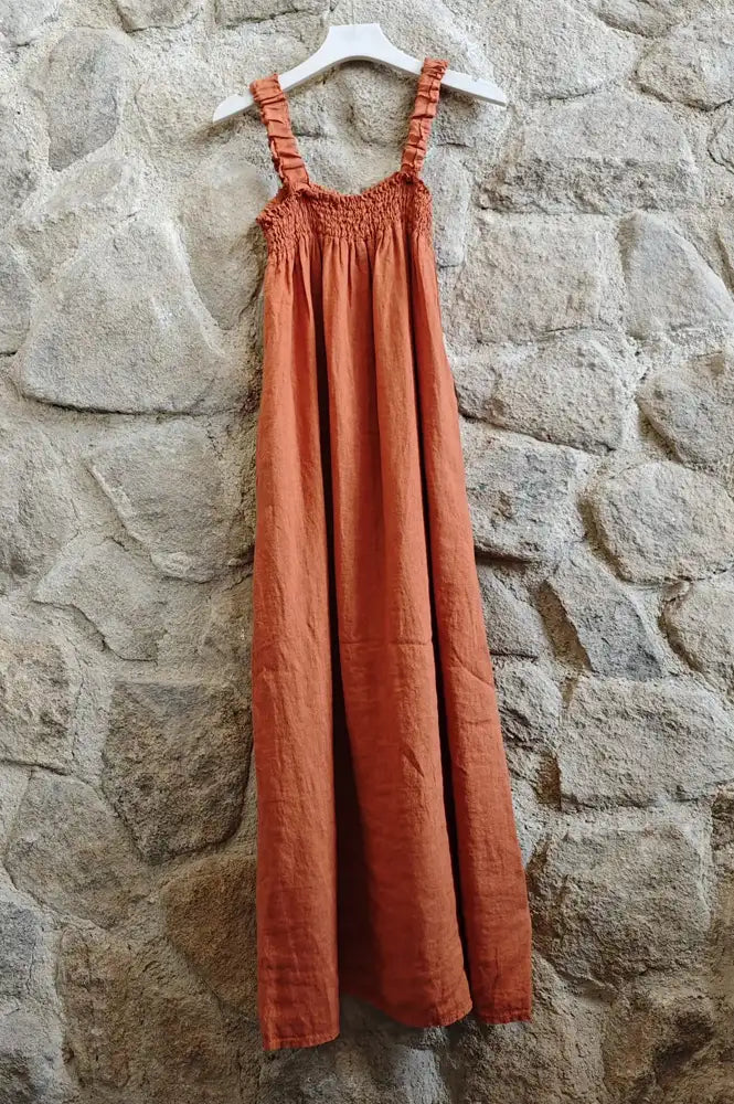 Linen & More Tile Brown Ruched Dress