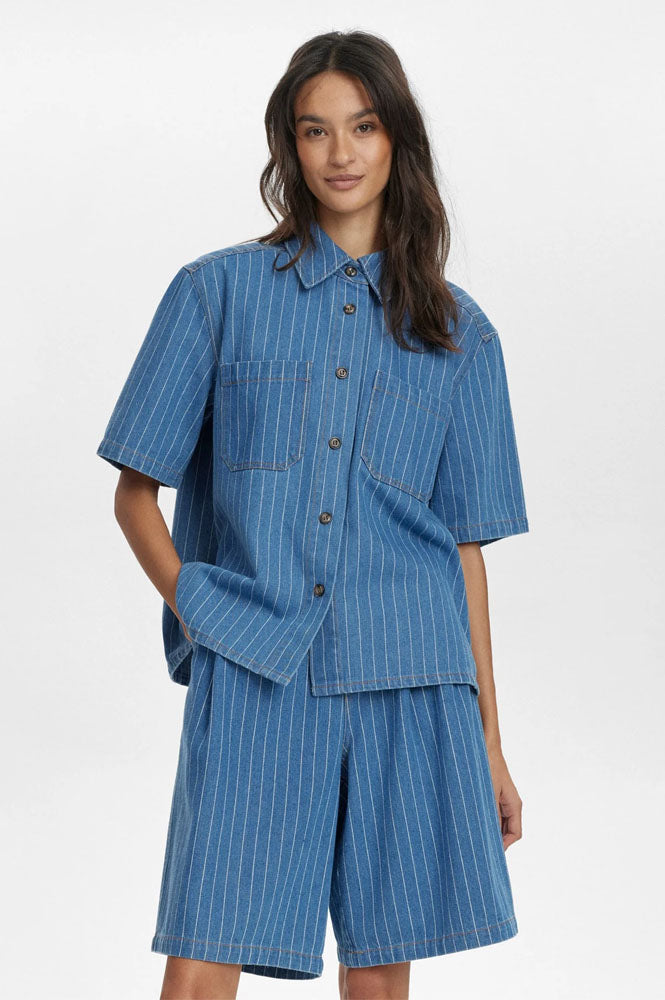 Numph Lucie Blue Denim Stripe Shorts - The Mercantile London