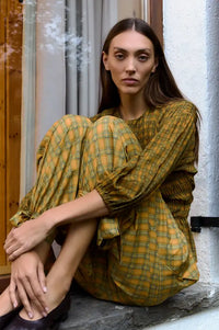Carmen Says Automne Mustard Checked Smocked Blouse - The Mercantile London