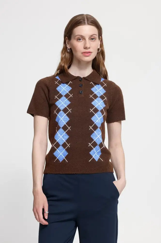 ICHI Dasila Chicory Harlequin Knitted Polo Top