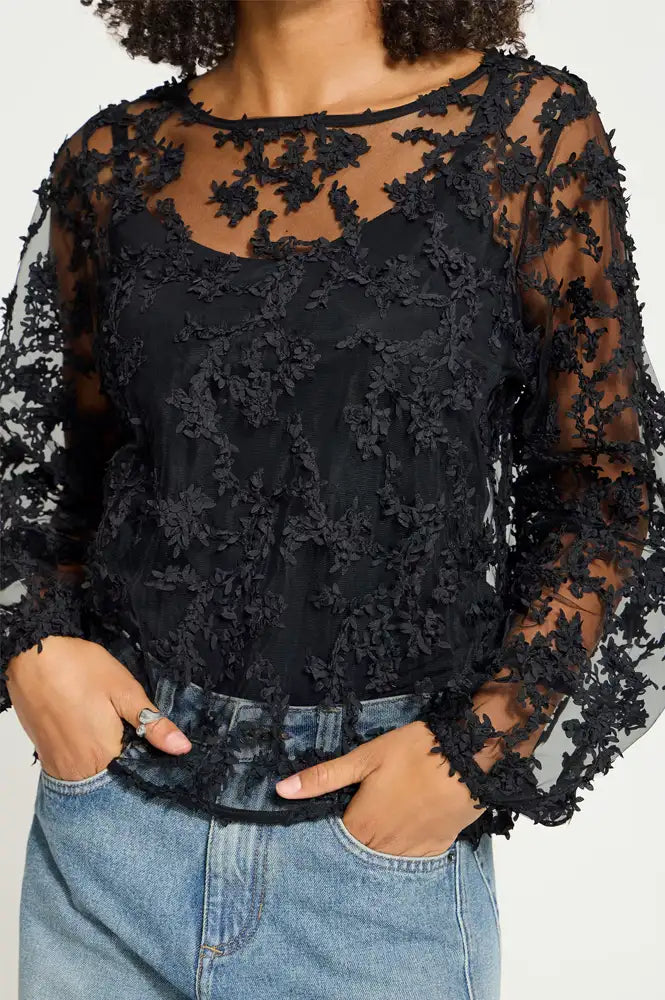 ICHi Balki Black Sheer Floral Blouse