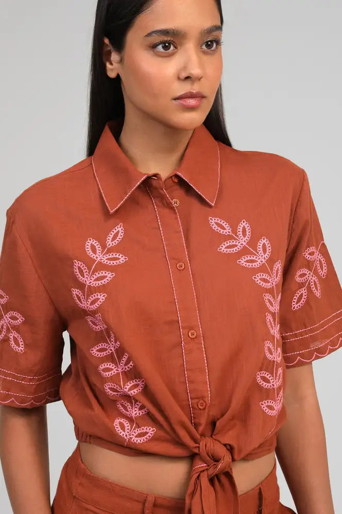 An'ge Silona Caramel Embroidered Shirt - The Mercantile London