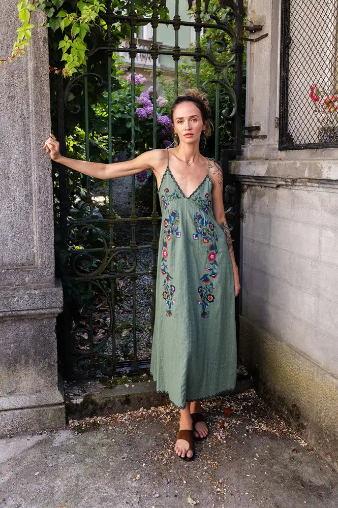 Indi & Cold Emerald Cross Stitch Strap Dress