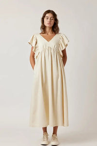 Amente Ecru Ruffle Sleeve Midi Dress