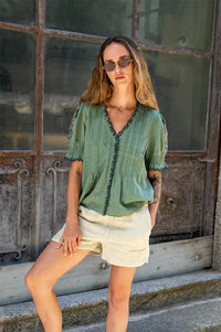 Indi & Cold Emerald Cross Stitch Embroidered Shirt