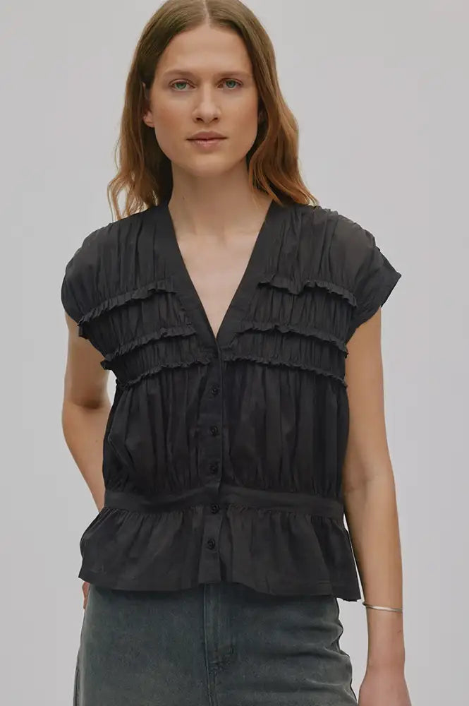 Rabens Saloner Elenor Liquorice Voile Frill Top - The Mercantile London