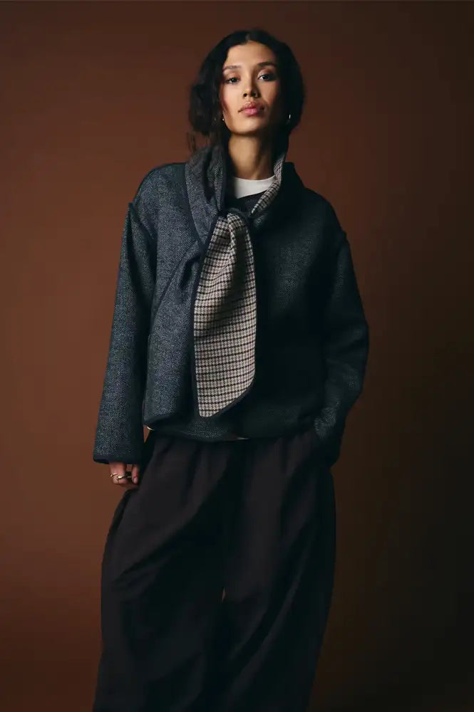 ICHI Frava Black Herringbone Scarf Detail Jacket