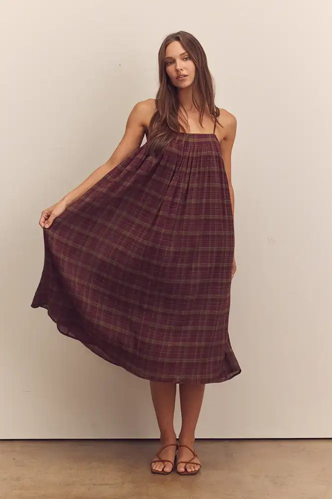 Amente Pleated Berry Checkered Dress - The Mercantile London