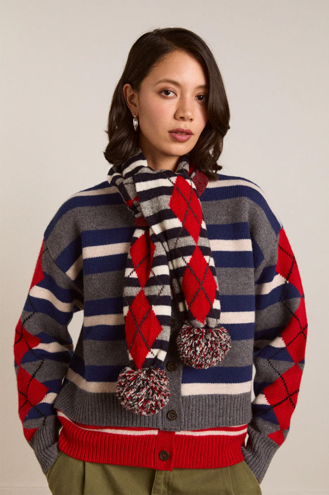 Damson Madder Argyle Stripe Pom Pom Scarf
