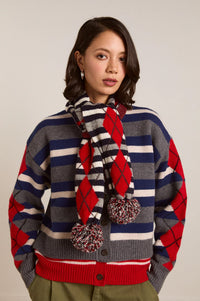 Damson Madder Argyle Stripe Pom Pom Scarf