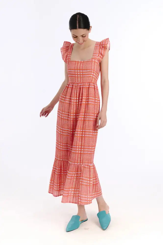 Tanavana Sia Orange Tartan Checked Dress - The Mercantile London