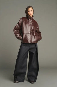 Soeur Gamma Burgundy Glazed Leather Raglan Jacket