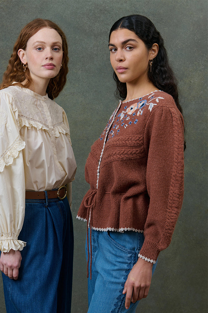 Louise Misha Sandya Embroidered Chestnut Cardigan - The Mercantile London