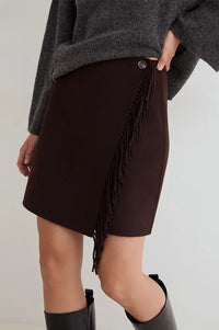 Yerse Chocolate Brown Fringe Mini Skirt