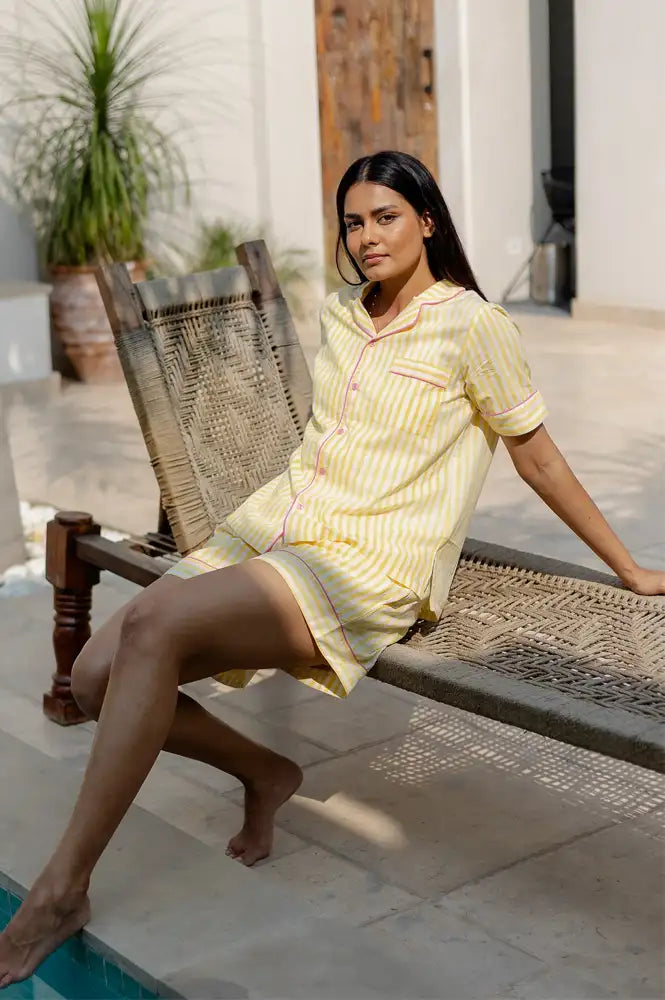 Dilli Grey Yellow Candy Striped Shorts Pyjama Set - The Mercantile London