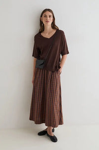 Yerse Brown Checked Poplin Skirt