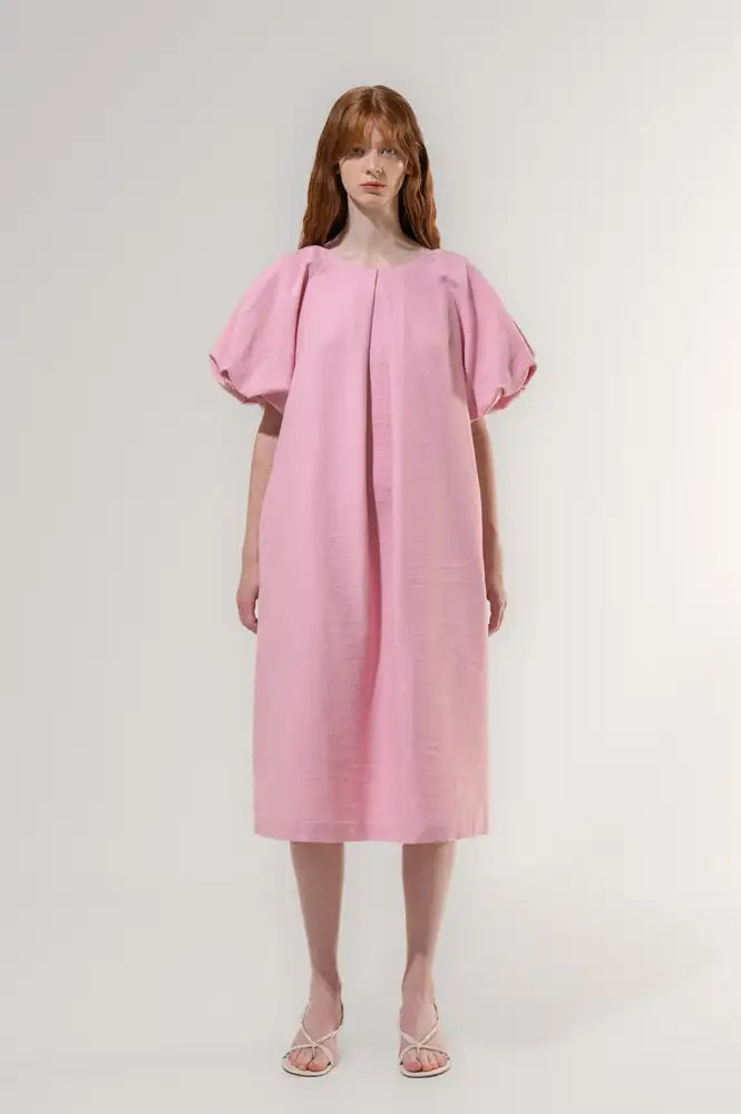 Emin + Paul Pink Textured Puff Sleeve Dress - The Mercantile London