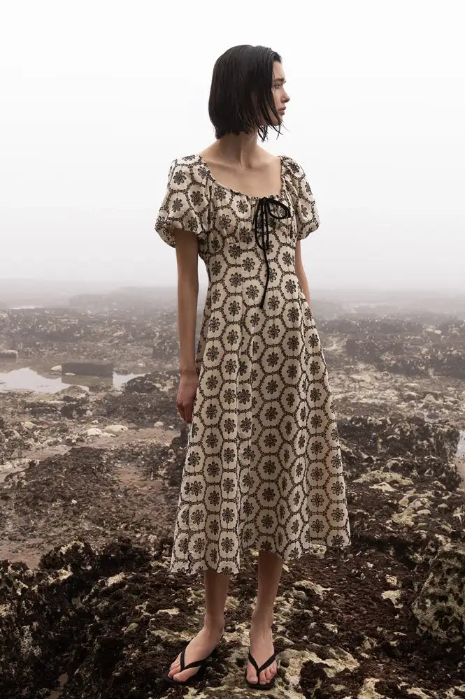 Emin + Paul Lace Shirred Beige Puff Sleeve Dress - The Mercantile London