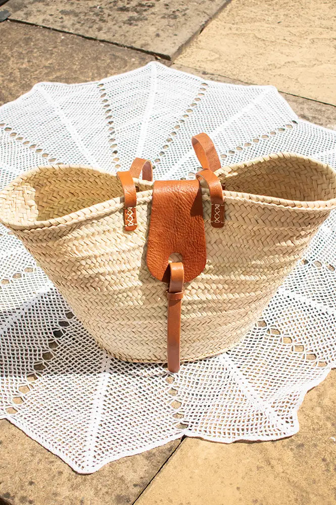 French Tan Leather Detailed Market Basket Bag