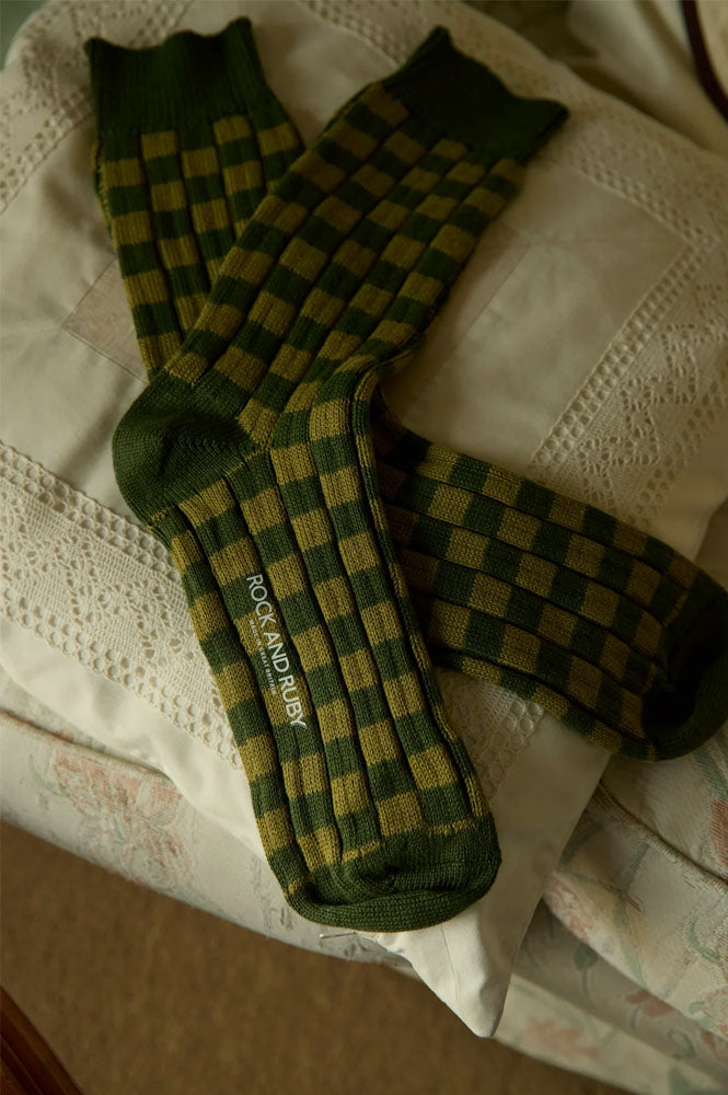 Rock + Ruby Edith Hunter Green Checked Cotton Socks