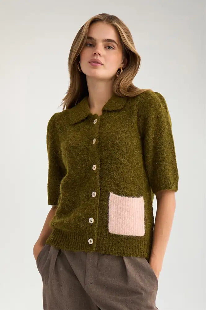 Numph Salia Fir Green Short Sleeve Cardigan