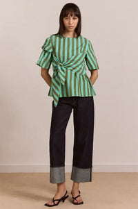 Damson Madder Estelle Aqua Olive Stripe Blouse - The Mercantile London