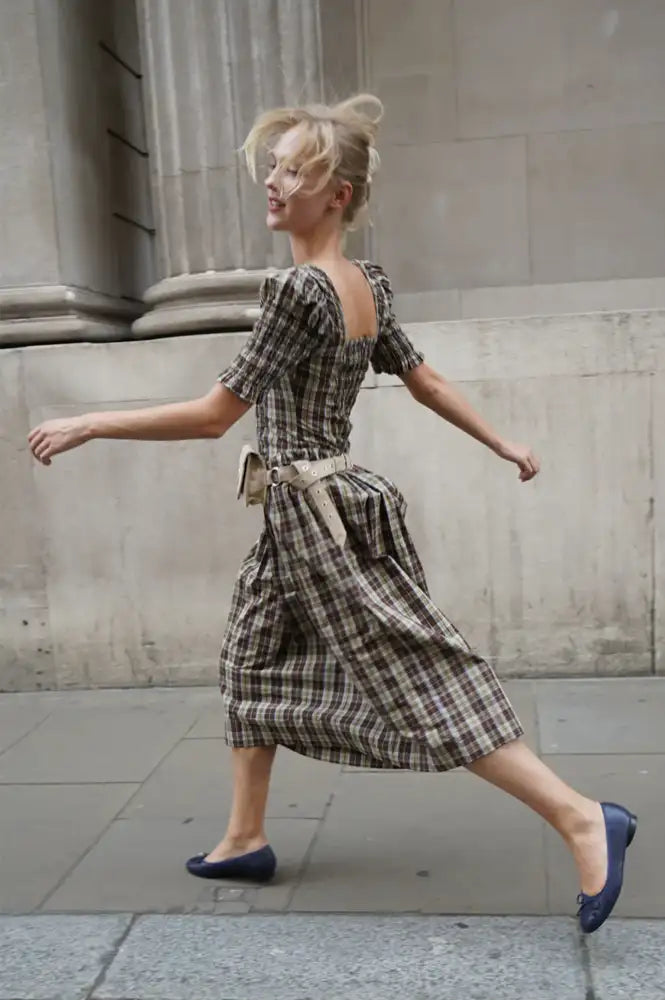 Damson Madder Emmy Cocoa Check Shirred Midi Dress