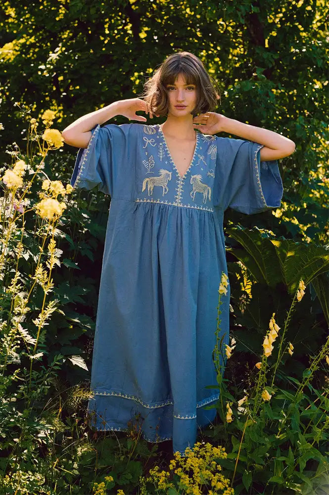 Habiba Polly Sea Blue Embroidered Dress