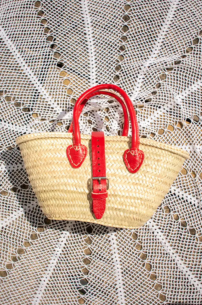 French Red Leather Detailed Small Market Basket Bag