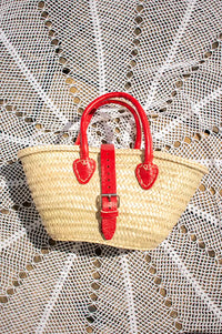 French Red Leather Detailed Small Market Basket Bag