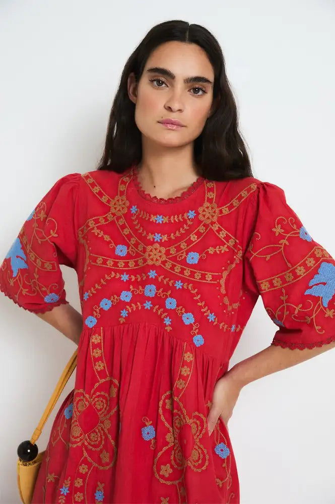 Sophie + Lucie Poppy Red Embroidered Dress - The Mercantile London