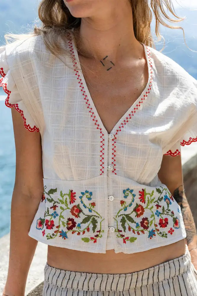 Indi & Cold Stone Cross Stitch Embroidered Top