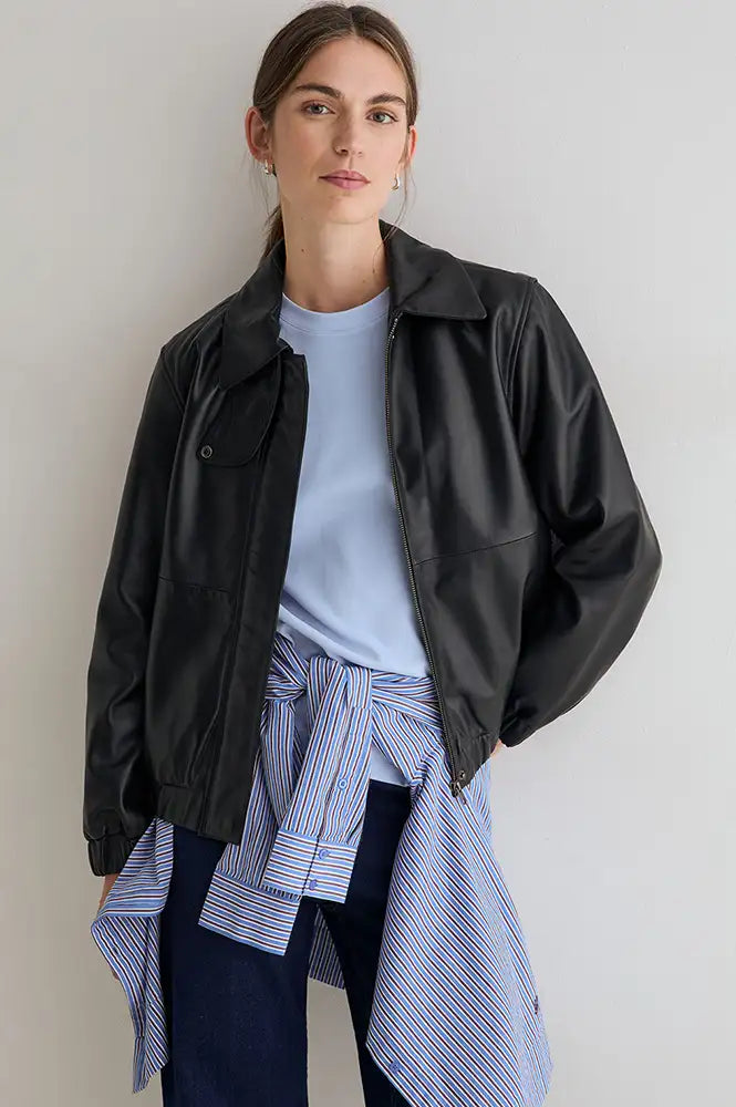 Yerse Black Leather Bomber Jacket