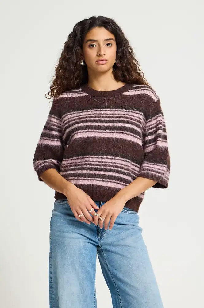 ICHI Allo Fudge And Pink Striped Knit - The Mercantile London