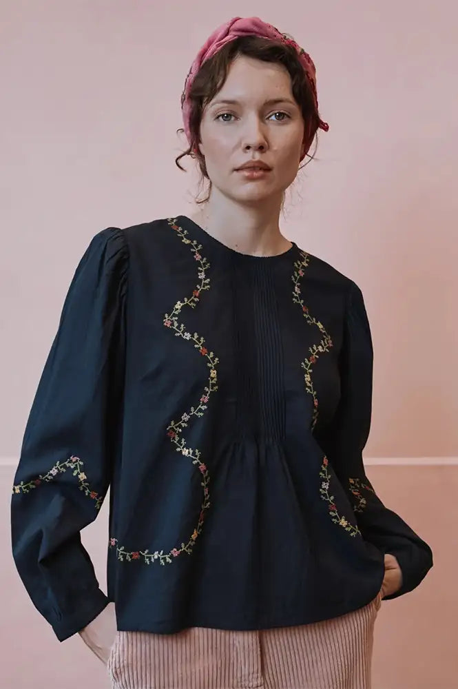 Emile Et Ida Estelle Charcoal Embroidered Blouse