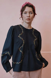 Emile Et Ida Estelle Charcoal Embroidered Blouse