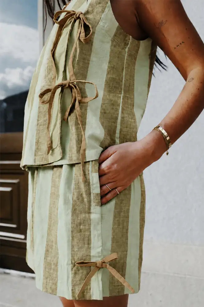 TBCo Green & Brown Stripe Cotton Tie Shorts