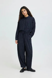 ICHI Trine Total Eclipse Navy Check Trousers - The Mercantile London