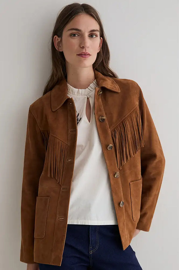 Yerse Camel Tassel Suede Jacket