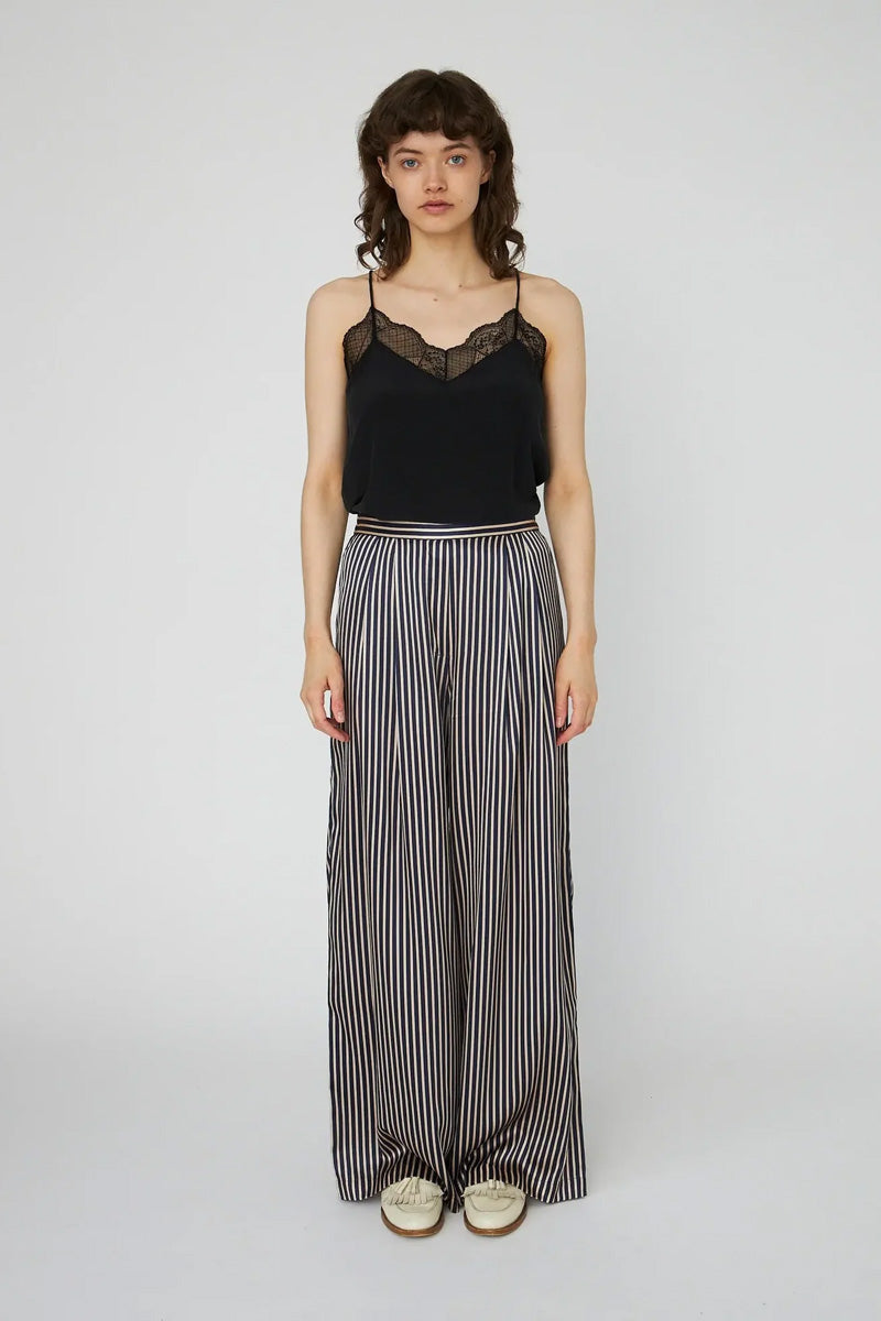 Stella Nova Creme And Navy Striped Silk Trousers - The Mercantile London