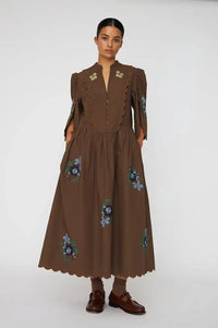 Stella Nova Embroidered Brown Loose Midi Dress