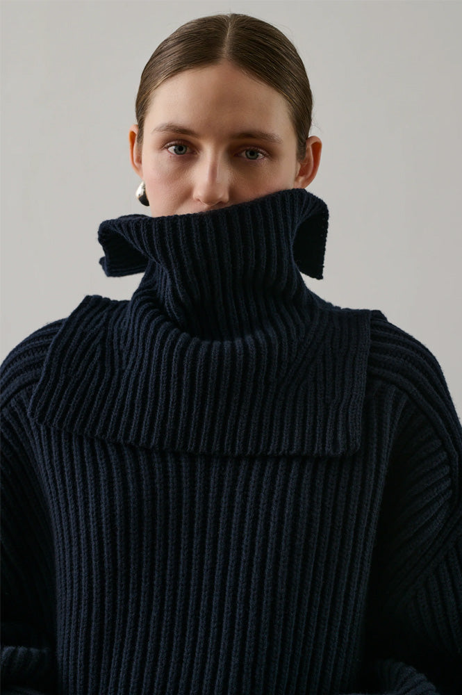 Soeur Gad Navy Ribbed High Collar - The Mercantile London