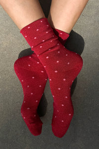 Le Bon Shoppe Lurex Patterned Red & Pink Polka Dot Sneaker Socks