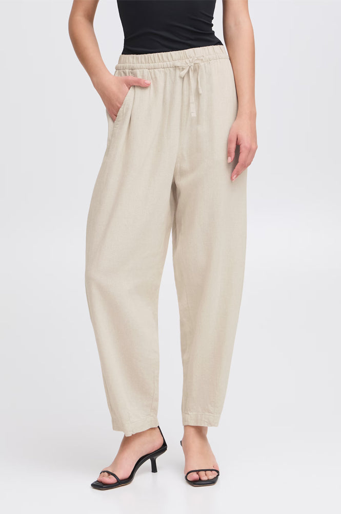 ICHI Linno Ecru Barrel Leg Trousers - The Mercantile London
