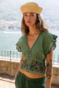 Indi & Cold Emerald Cross Stitch Embroidered Top