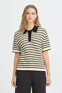 ICHI Chany Stripe Knitted Polo T-Shirt - The Mercantile London