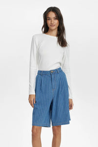 Numph Lucie Blue Denim Stripe Shorts - The Mercantile London