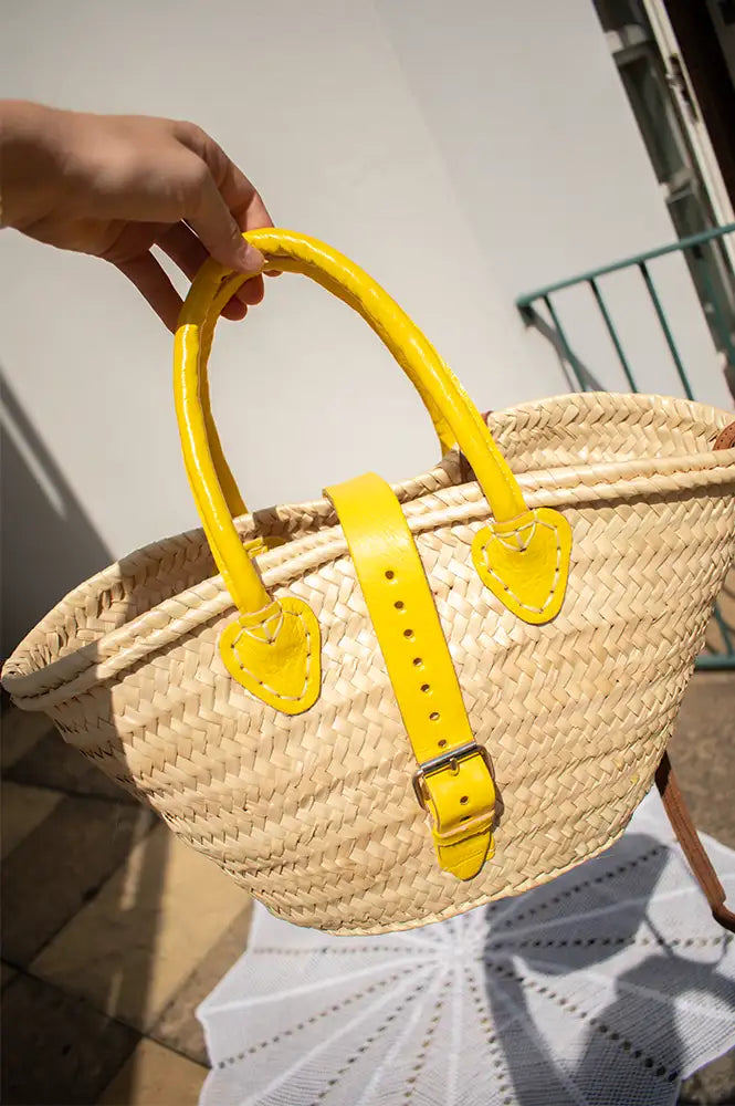 French Yellow Leather Detailed Small Market Basket Bag